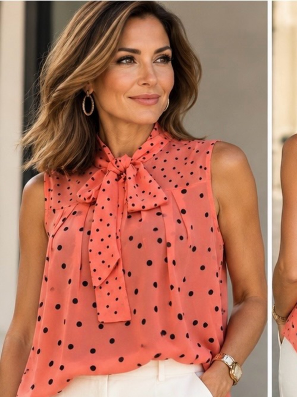 Sweet Rain Sleeveless Polka Dot Tie-Neck Blouse size large